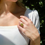 Natural Peridot Diamond Cherry Blossom Cocktail Ring 14k yellow gold