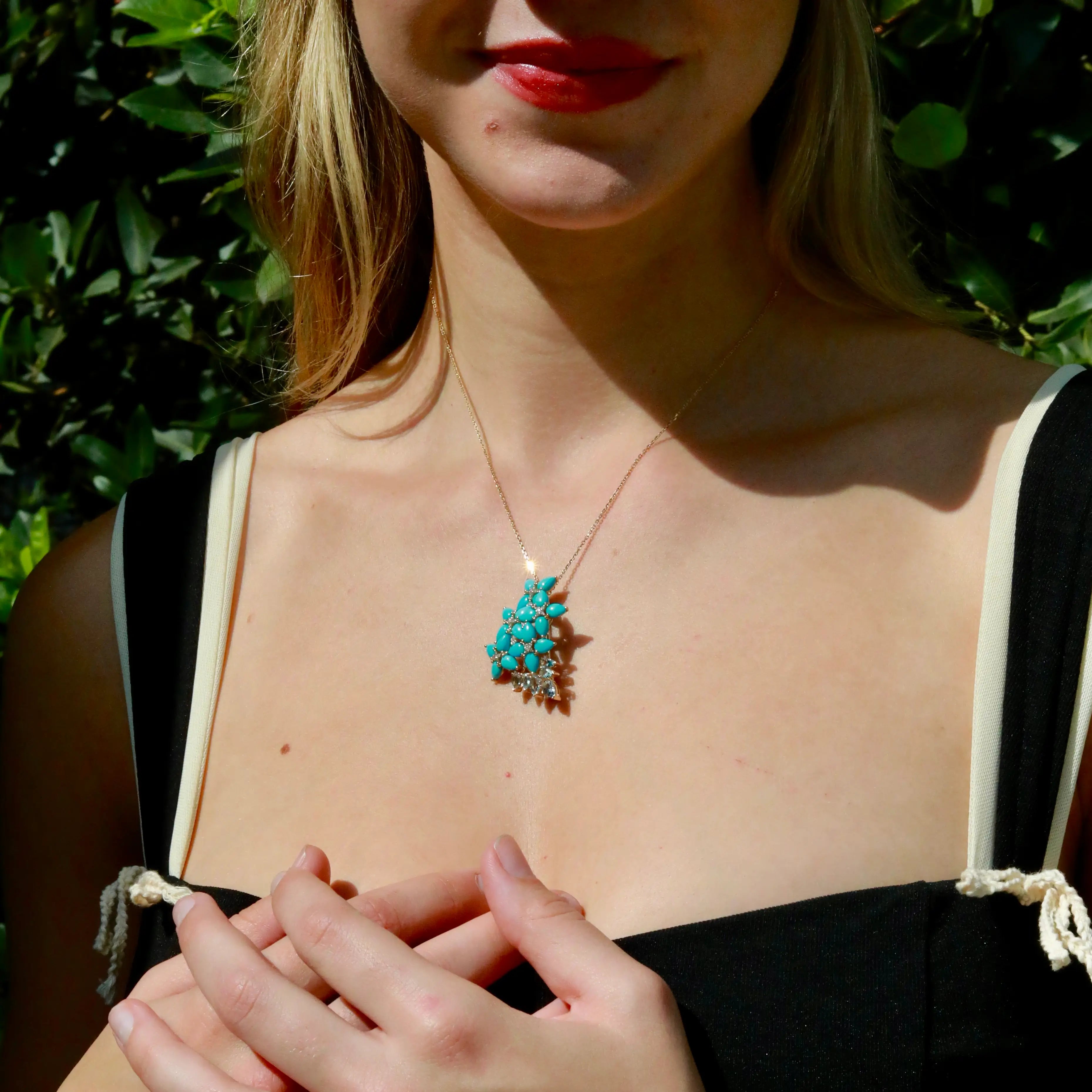 Hydrangea Blossom natural Turquoise Aquamarine Diamond Convertible Pendant 14k yellow gold