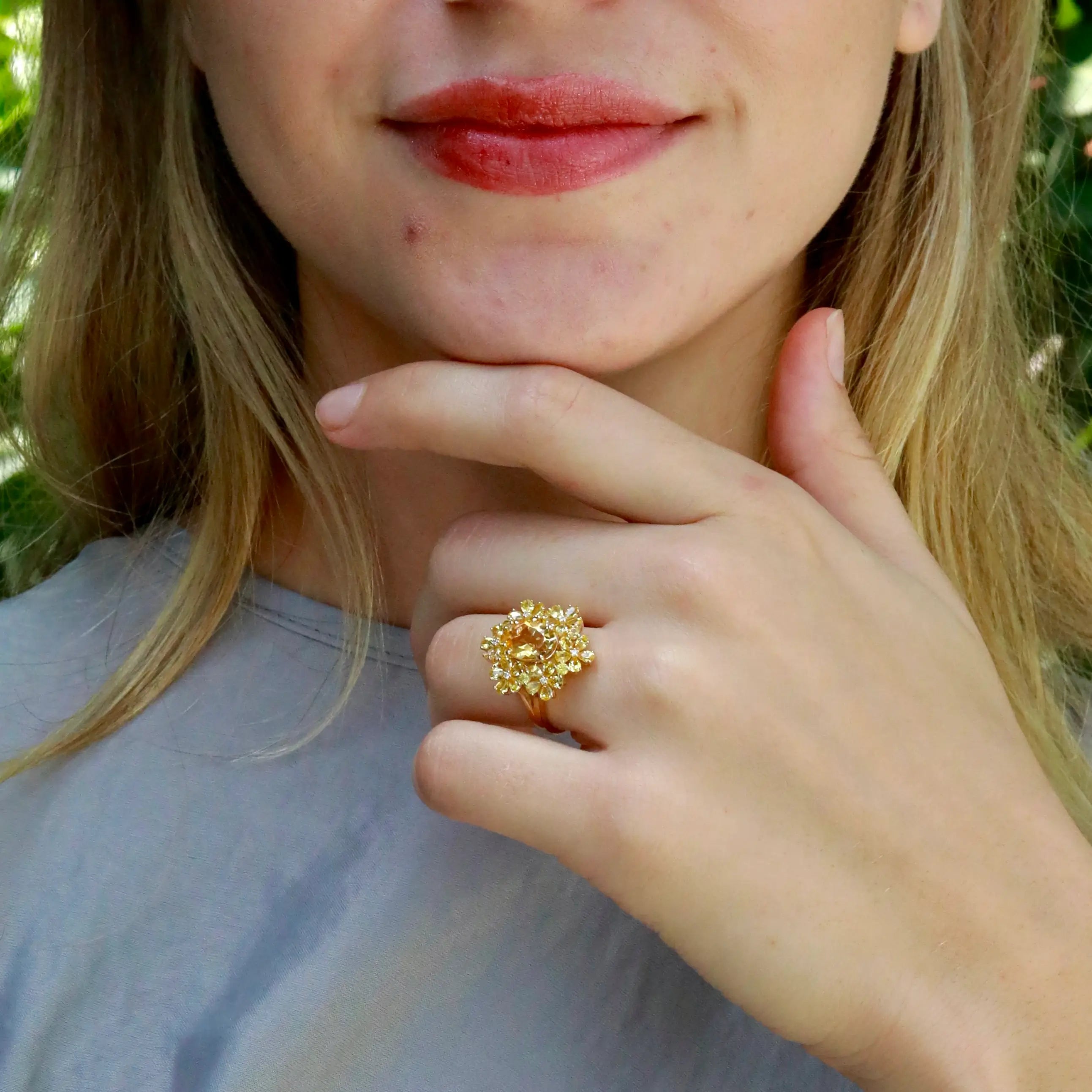 Natural Yellow Sapphire Citrine Diamond Blossom Cocktail Ring 14k yellow gold