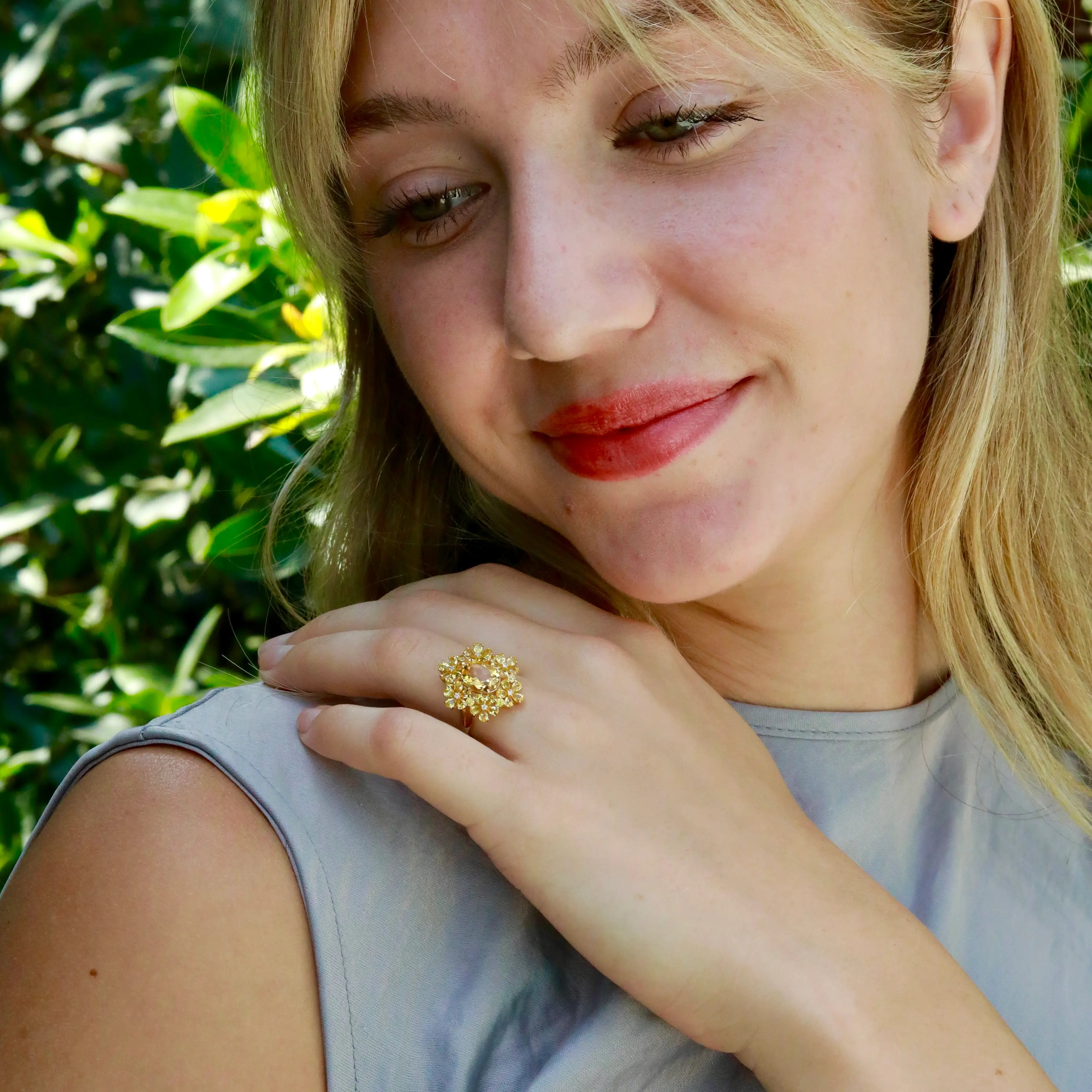 Natural Yellow Sapphire Citrine Diamond Blossom Cocktail Ring 14k yellow gold