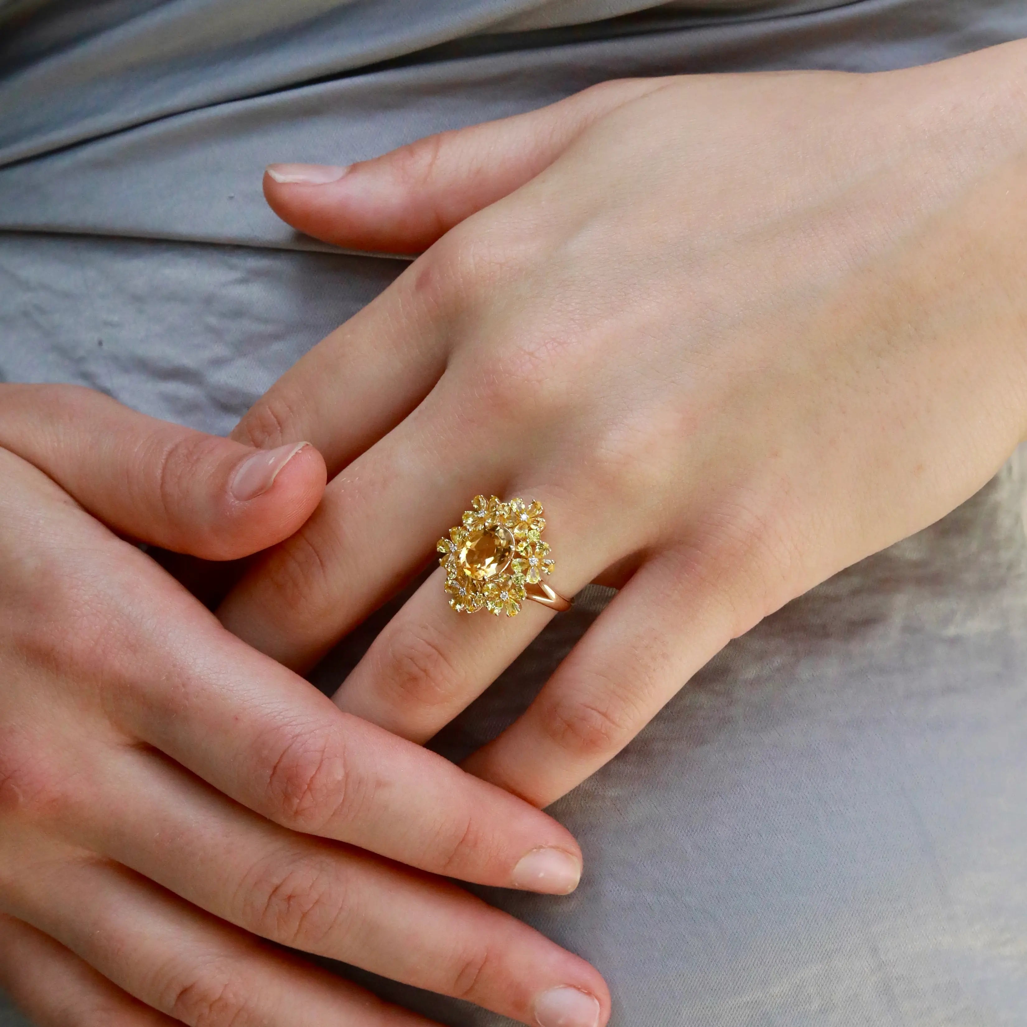 Natural Yellow Sapphire Citrine Diamond Blossom Cocktail Ring 14k yellow gold