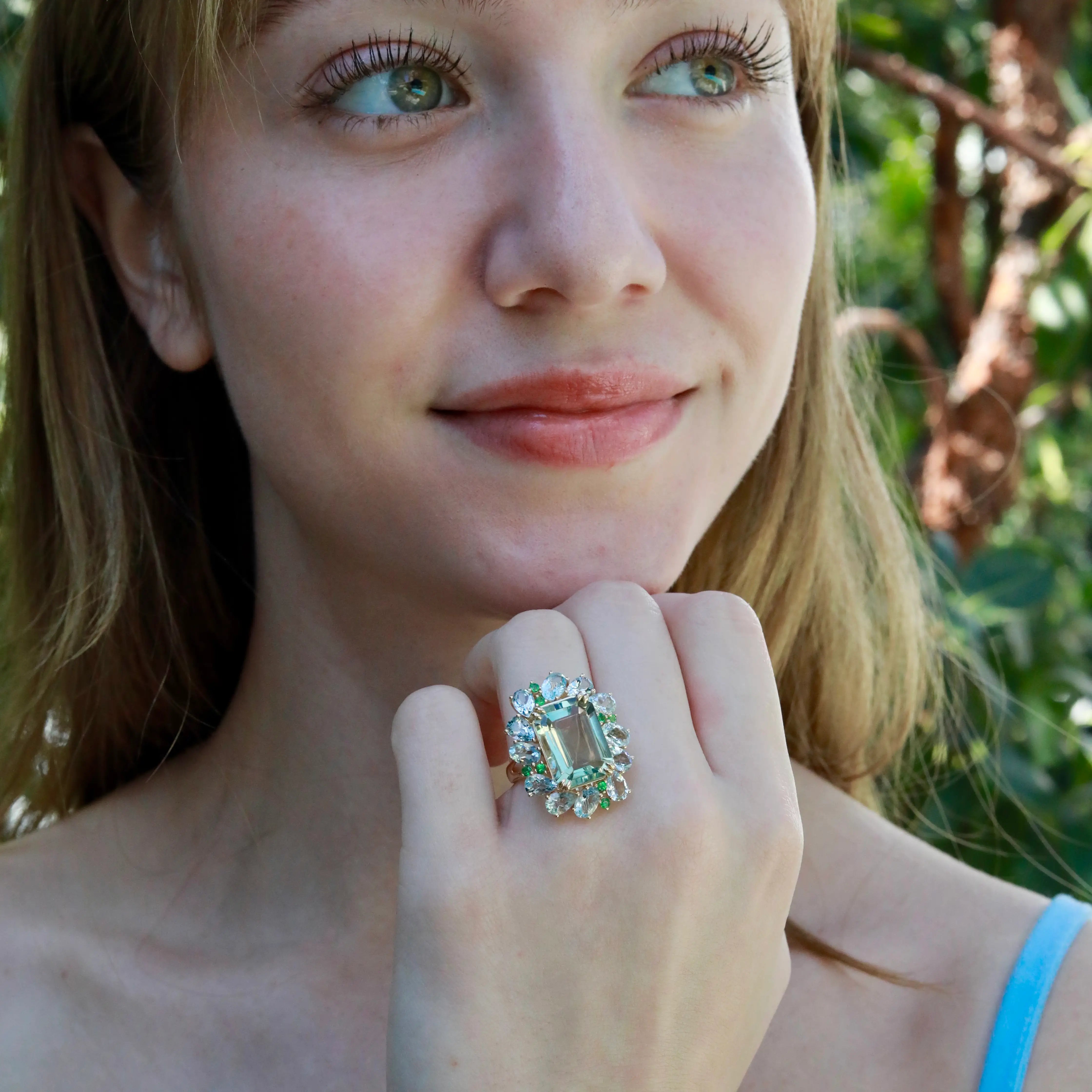 Nina Zhou Natural Margaret Prasiolite Aquamarine Tsavorite Cocktail Ring in 14k gold