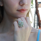Nina Zhou Natural Margaret Prasiolite Aquamarine Tsavorite Cocktail Ring in 14k gold
