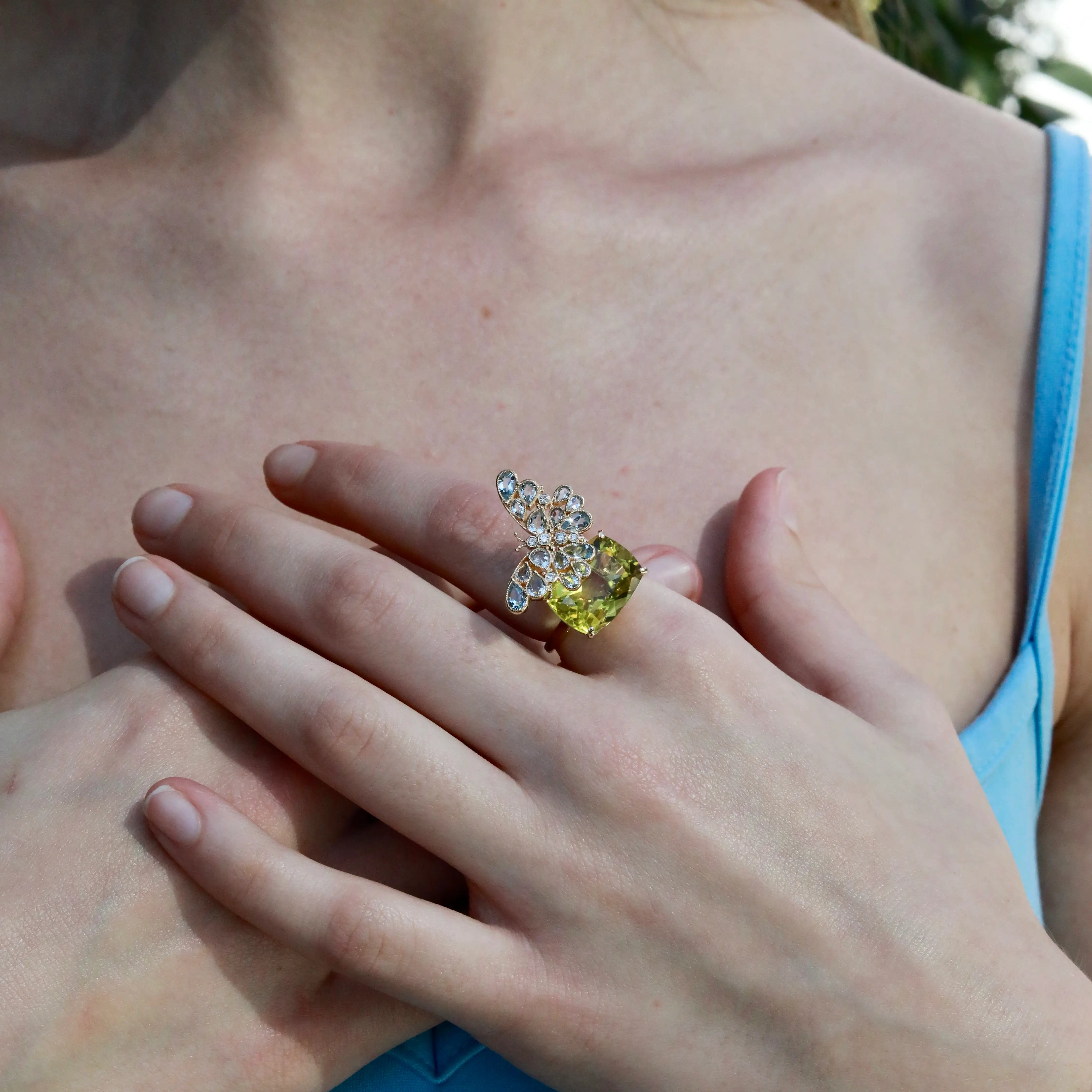 Nina Zhou Natural 13.50ctw Aquamarine & Diamond Butterfly on Lemon Quartz Convertible Brooch-Ring in 14k gold