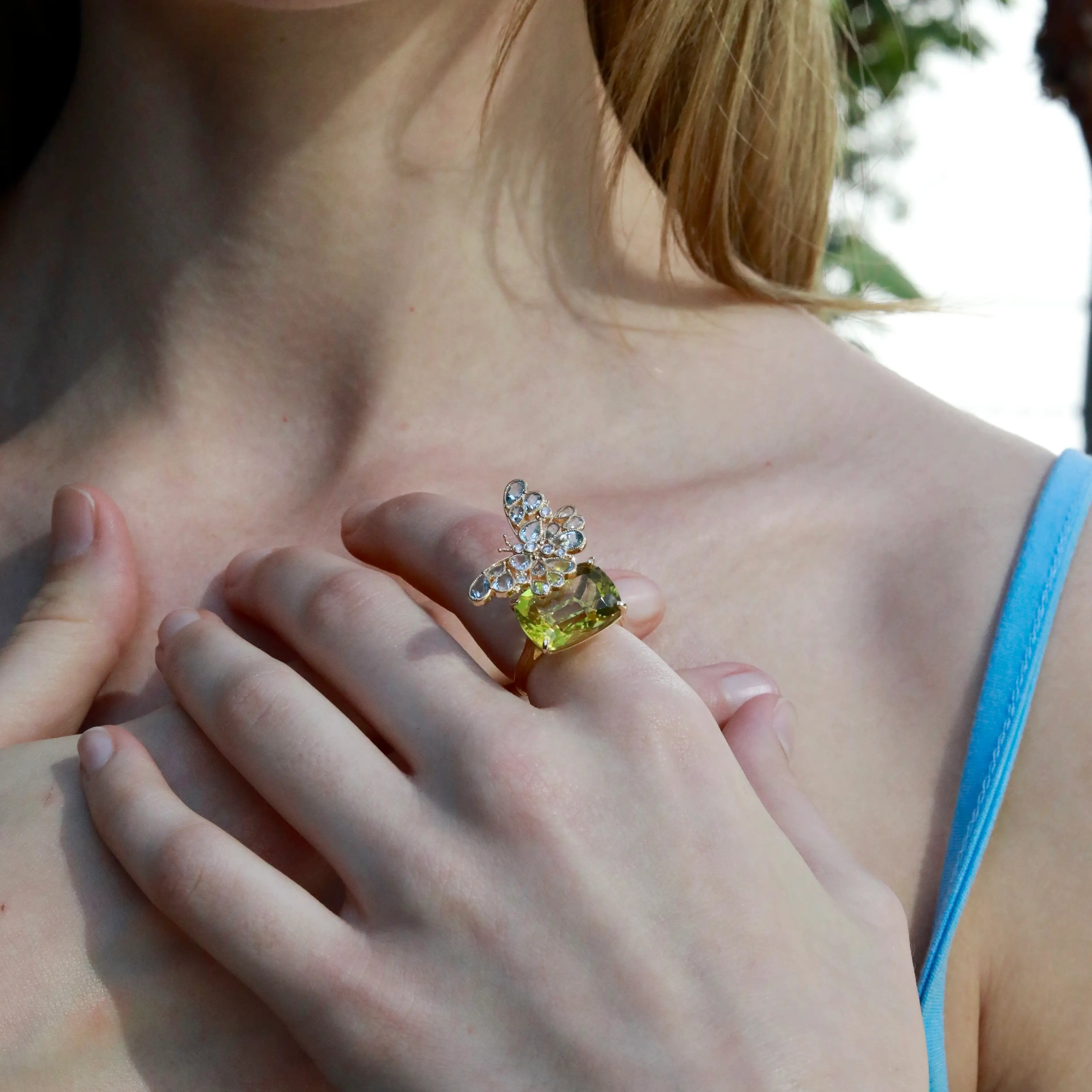 Nina Zhou Natural 13.50ctw Aquamarine & Diamond Butterfly on Lemon Quartz Convertible Brooch-Ring in 14k gold