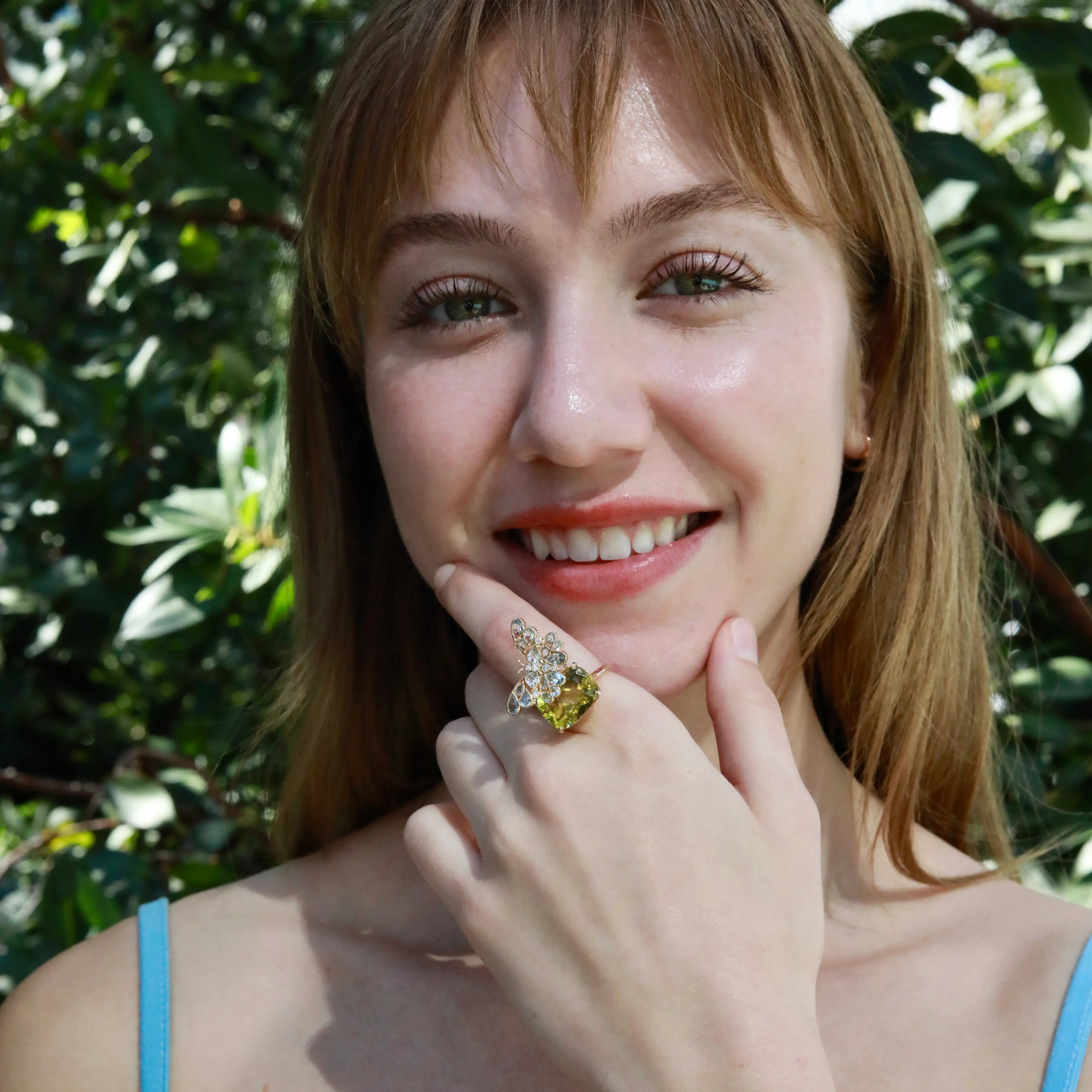 Nina Zhou Natural 13.50ctw Aquamarine & Diamond Butterfly on Lemon Quartz Convertible Brooch-Ring in 14k gold