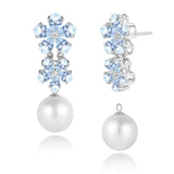 Aquamarine Diamond Double Blossom Pearl Convertible Drop Earrings