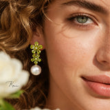 14k yellow gold natural Peridot Diamond Double Blossom Pearl Convertible Drop Earrings