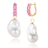 Sarah Pink Sapphire Huggie Earrings with Baroque Pearl Drop Enhancers