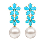 Turquoise Diamond Double Blossom Pearl Convertible Drop Earrings