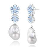 Aquamarine Diamond Double Blossom Baroque Pearl Convertible Drop Earrings