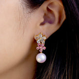 Aquamarine Pink Sapphire Diamond Double Blossom Pearl Convertible Drop Earrings