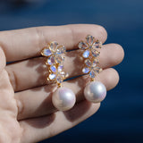 Moonstone Diamond Double Blossom Baroque Pearl Convertible Drop Earrings