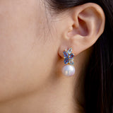 Elizabeth Sapphire, Aquamarine and Diamond Cluster Pearl Drop Earrings