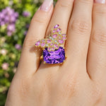 Nina Zhou Natural Pink Sapphire & Diamond Butterfly on 11ctw Amethyst Cocktail Ring in 14k yellow gold