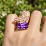 Nina Zhou Natural Pink Sapphire & Diamond Butterfly on 11ctw Amethyst Cocktail Ring in 14k yellow gold
