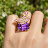 Nina Zhou Natural Pink Sapphire & Diamond Butterfly on 11ctw Amethyst Cocktail Ring in 14k yellow gold