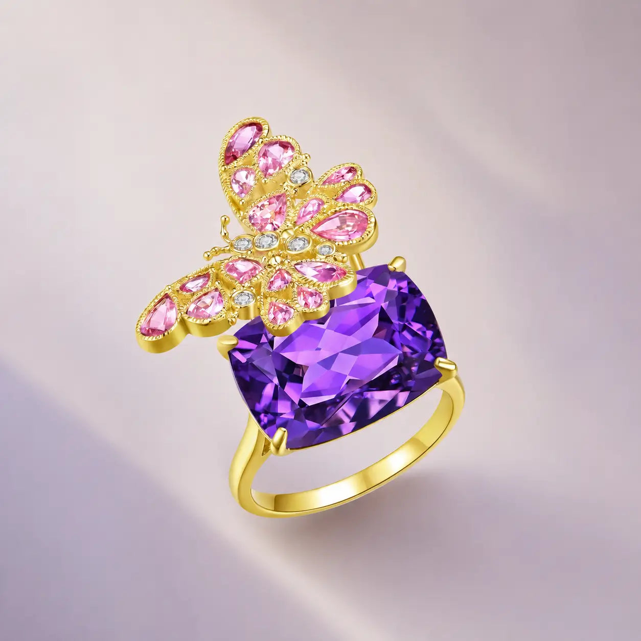 Nina Zhou Natural Pink Sapphire & Diamond Butterfly on 11ctw Amethyst Cocktail Ring in 14k yellow gold