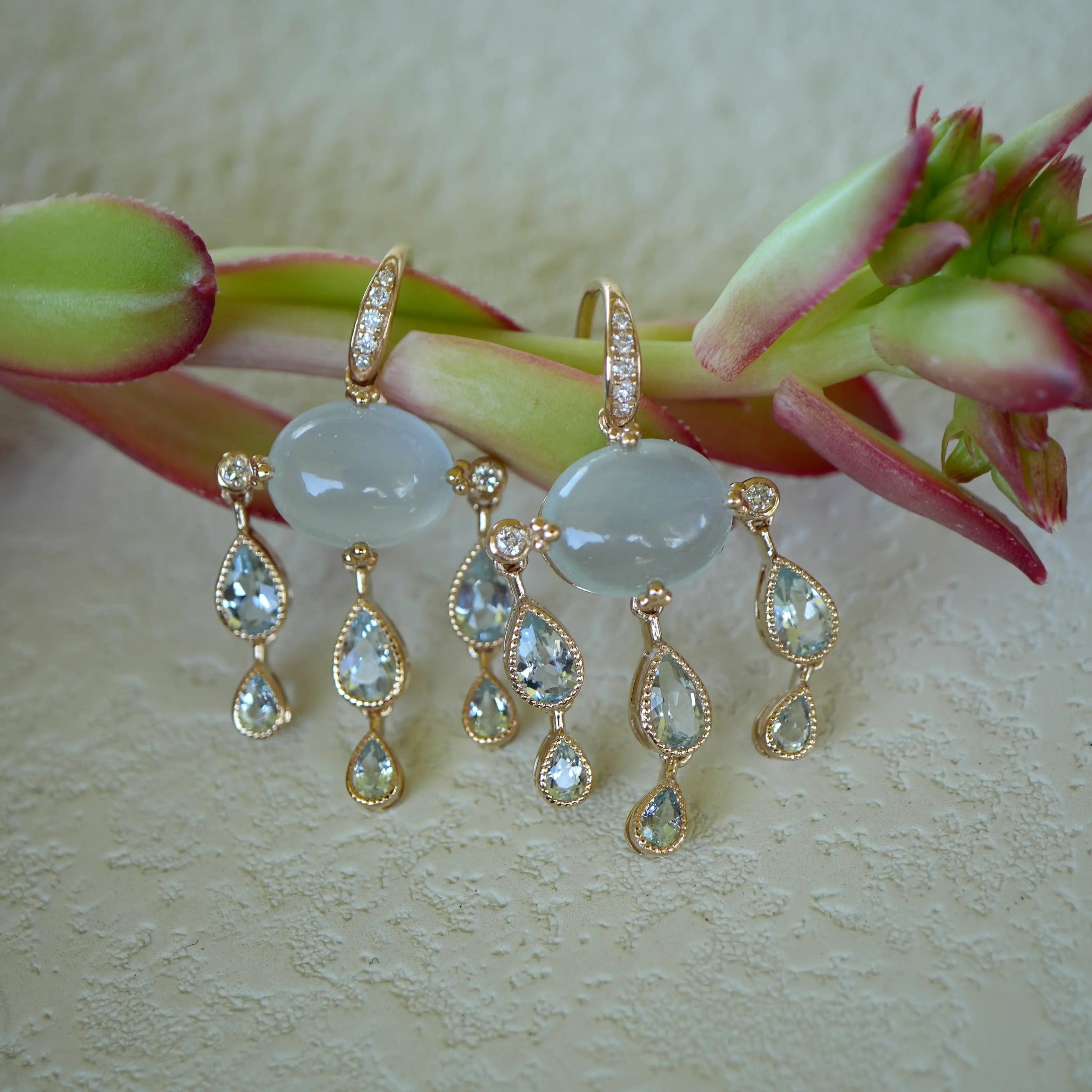 Rainy Day Natural Aquamarine Diamond Chandelier Drop Earrings 14k yellow gold 