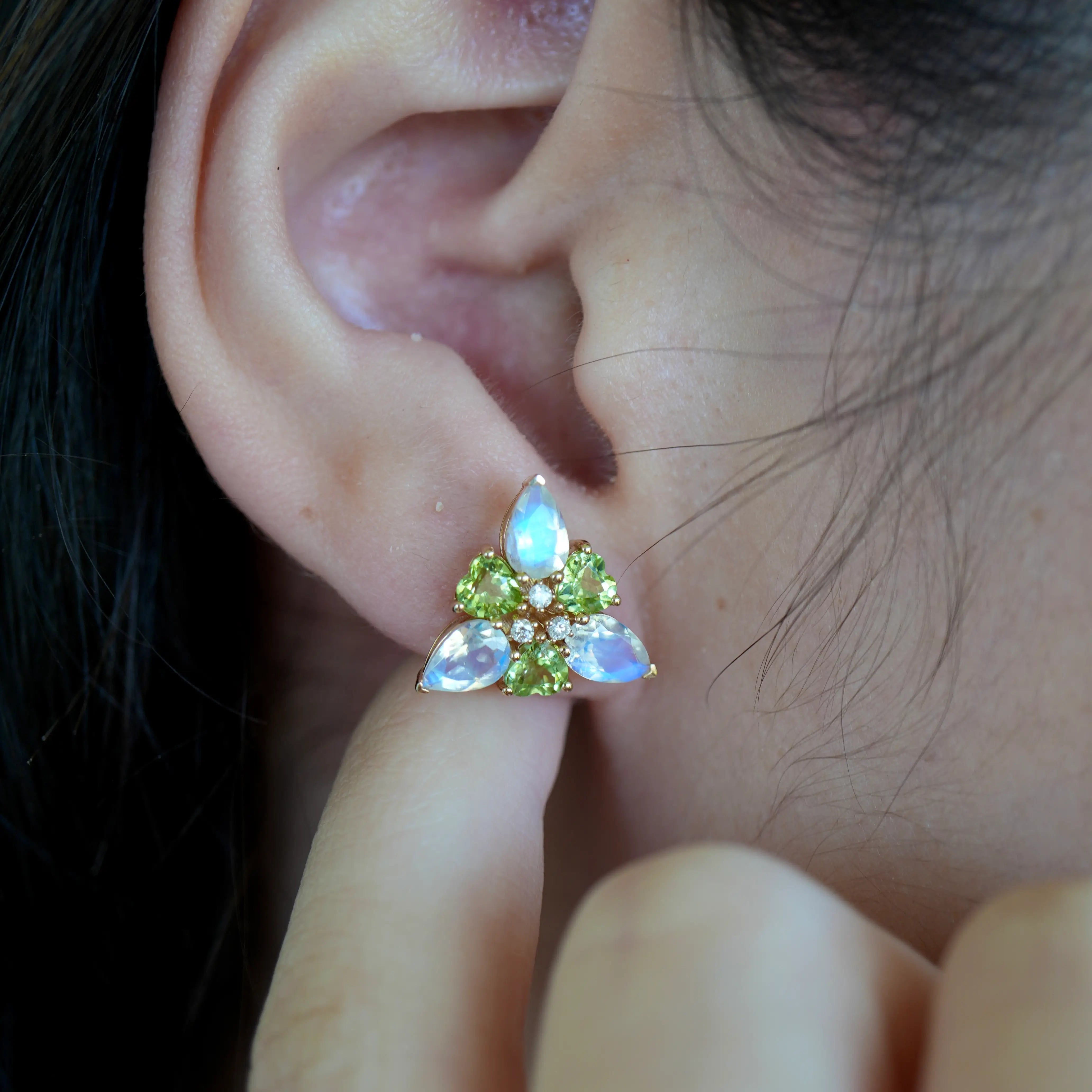 Moonstone Peridot Diamond Snowdrop Flower Earrings Birth Flower in 14k Yellow Gold