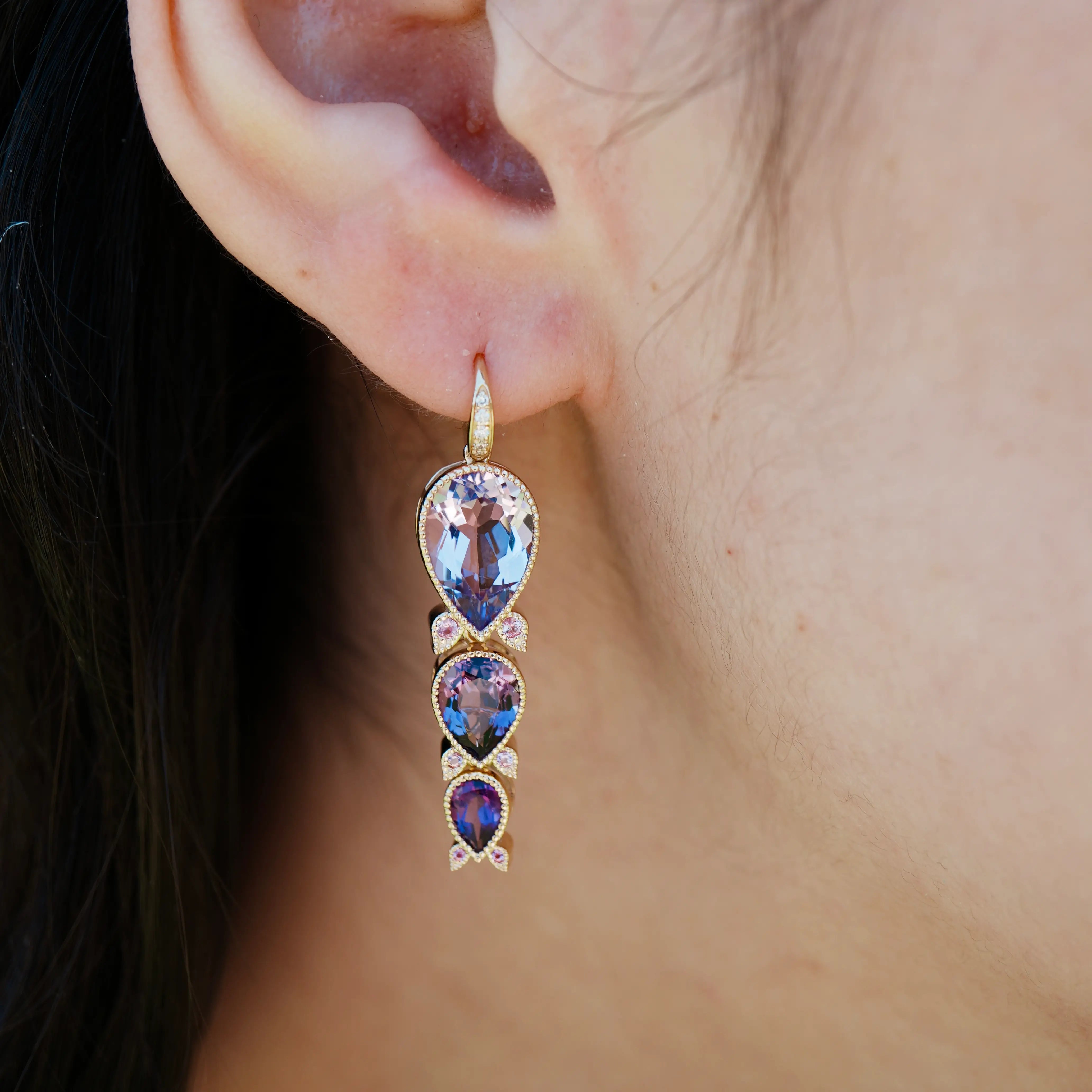 Lily of the Valley Natural Purple Amethyst, Pink Sapphire & Diamond Drop Earrings 14k yellow gold