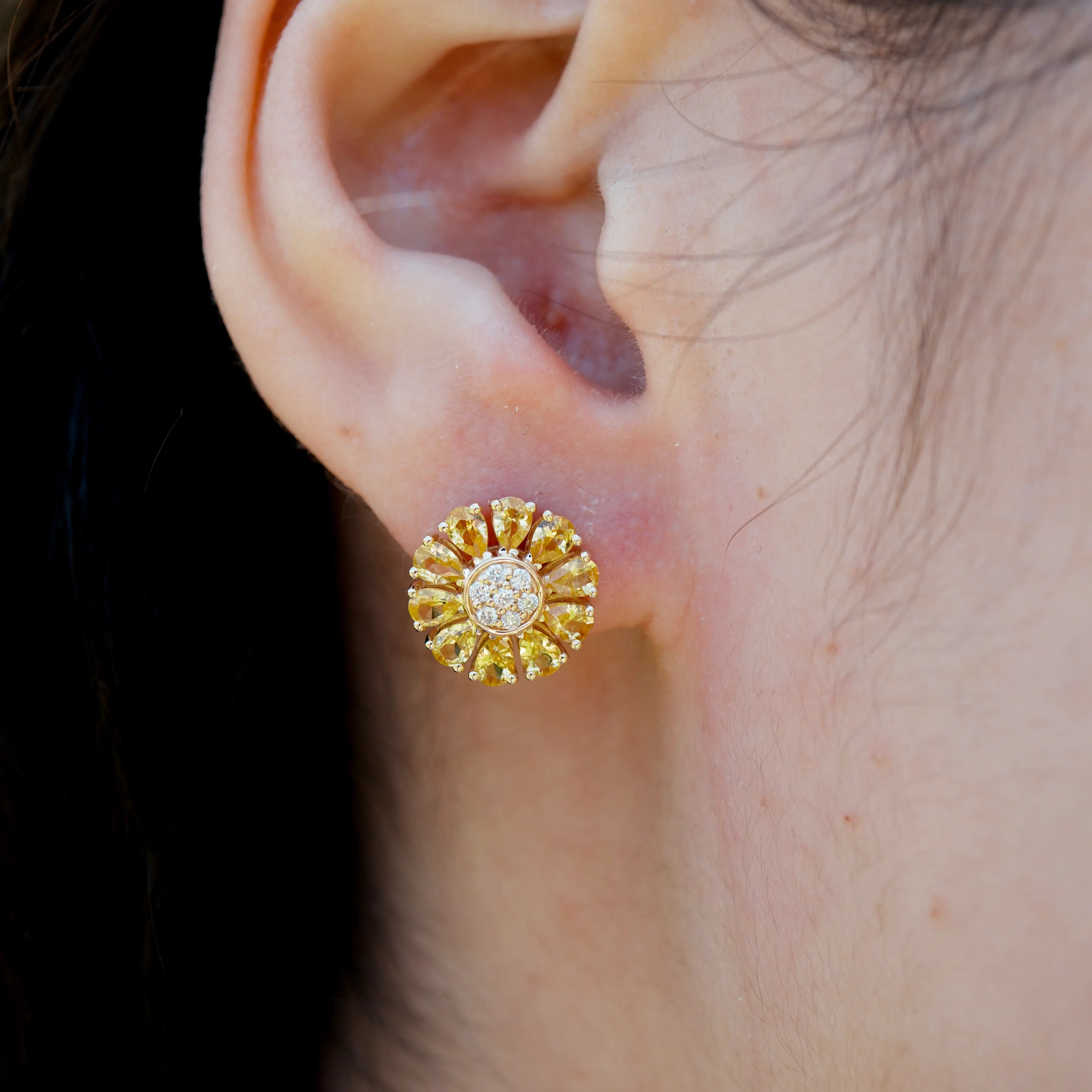 Sunflower Natural Yellow Sapphire Diamond Earrings 14k yellow gold
