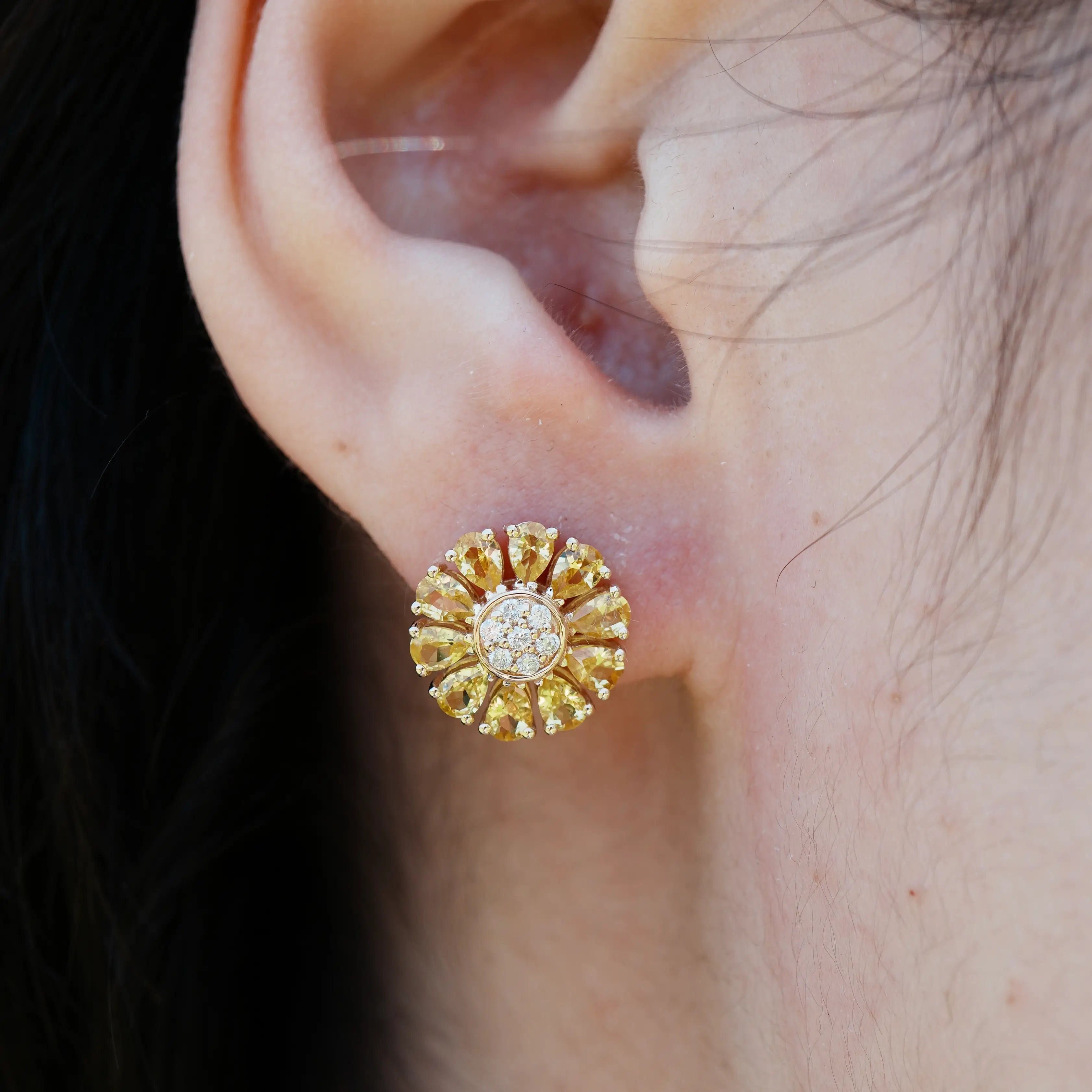 Sunflower Natural Yellow Sapphire Diamond Earrings 14k yellow gold