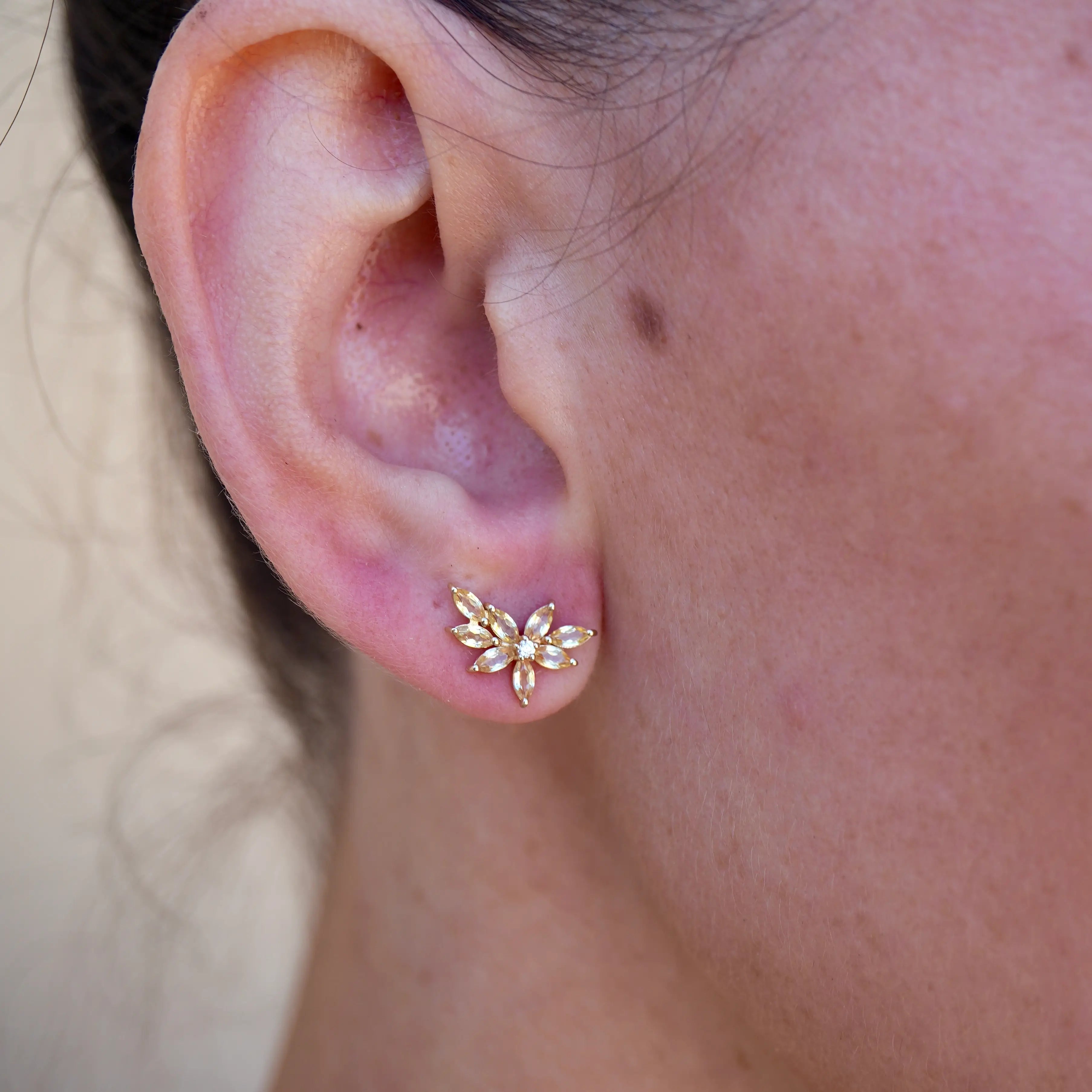 Natural Yellow Sapphire Diamond Cluster Earrings 14k Yellow Gold