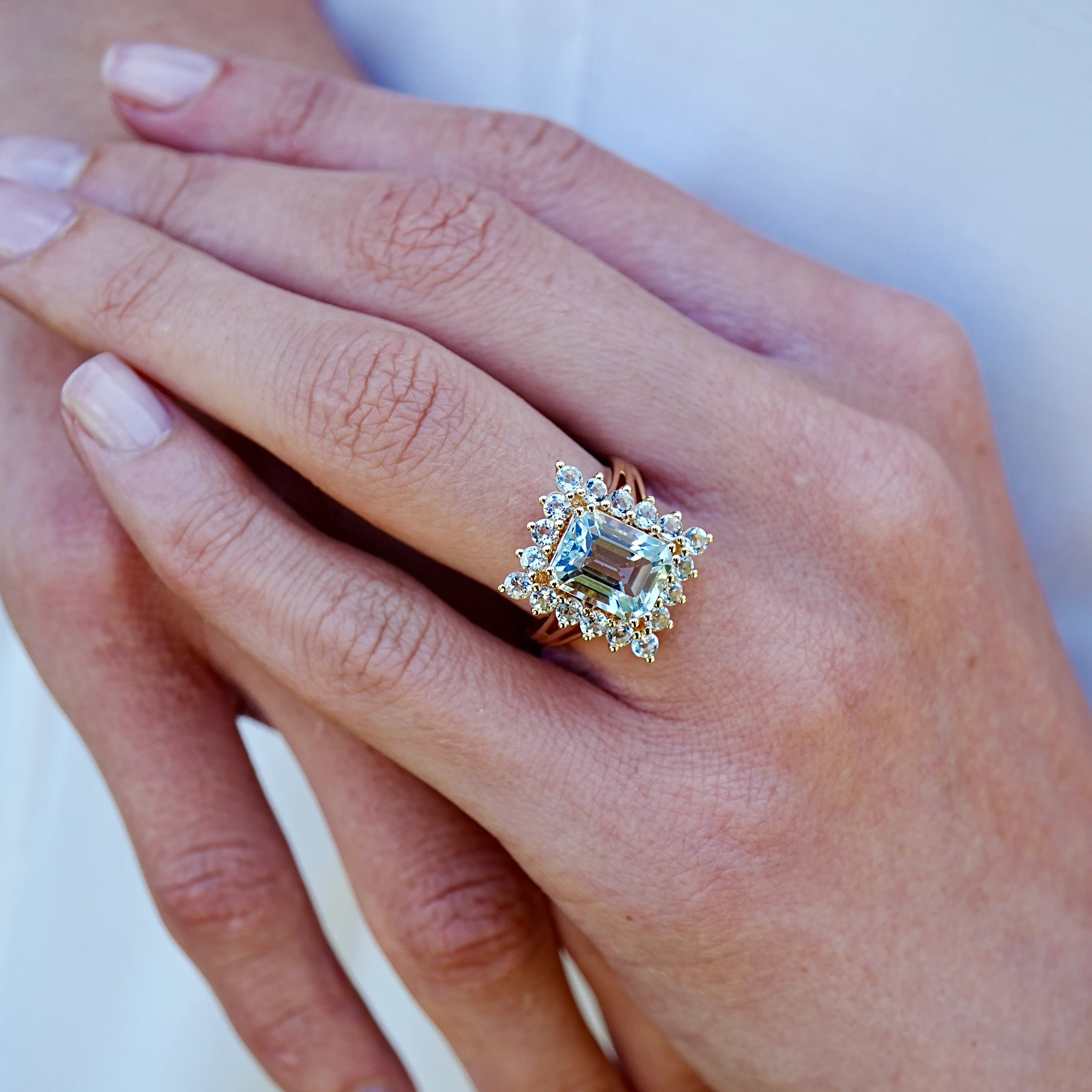 14k yellow gold natural sky blue aquamarine cocktail ring