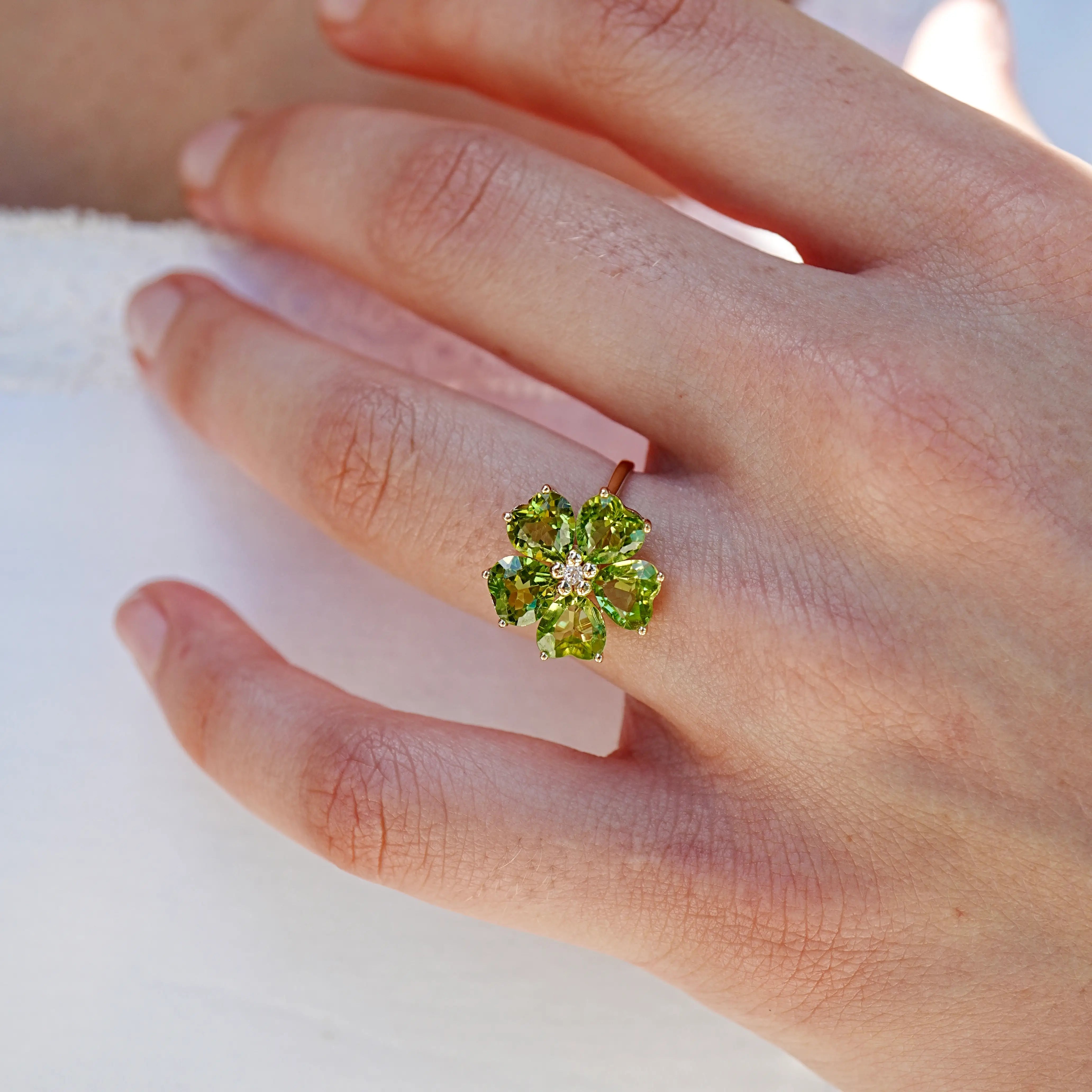 Natural Peridot Diamond Cherry Blossom Cocktail Ring 14k yellow gold