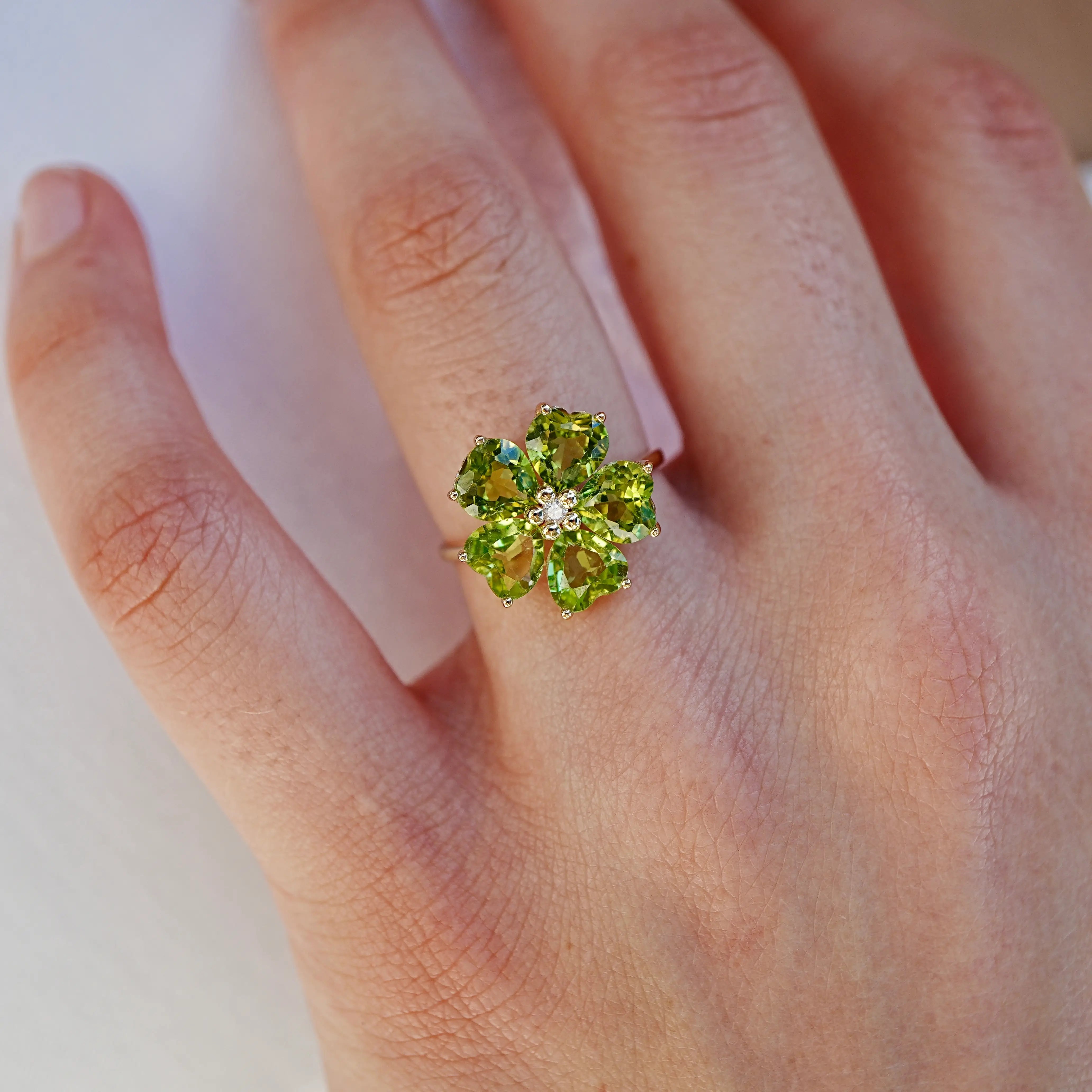 Natural Peridot Diamond Cherry Blossom Cocktail Ring 14k yellow gold