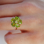 Natural Peridot Diamond Cherry Blossom Cocktail Ring 14k yellow gold