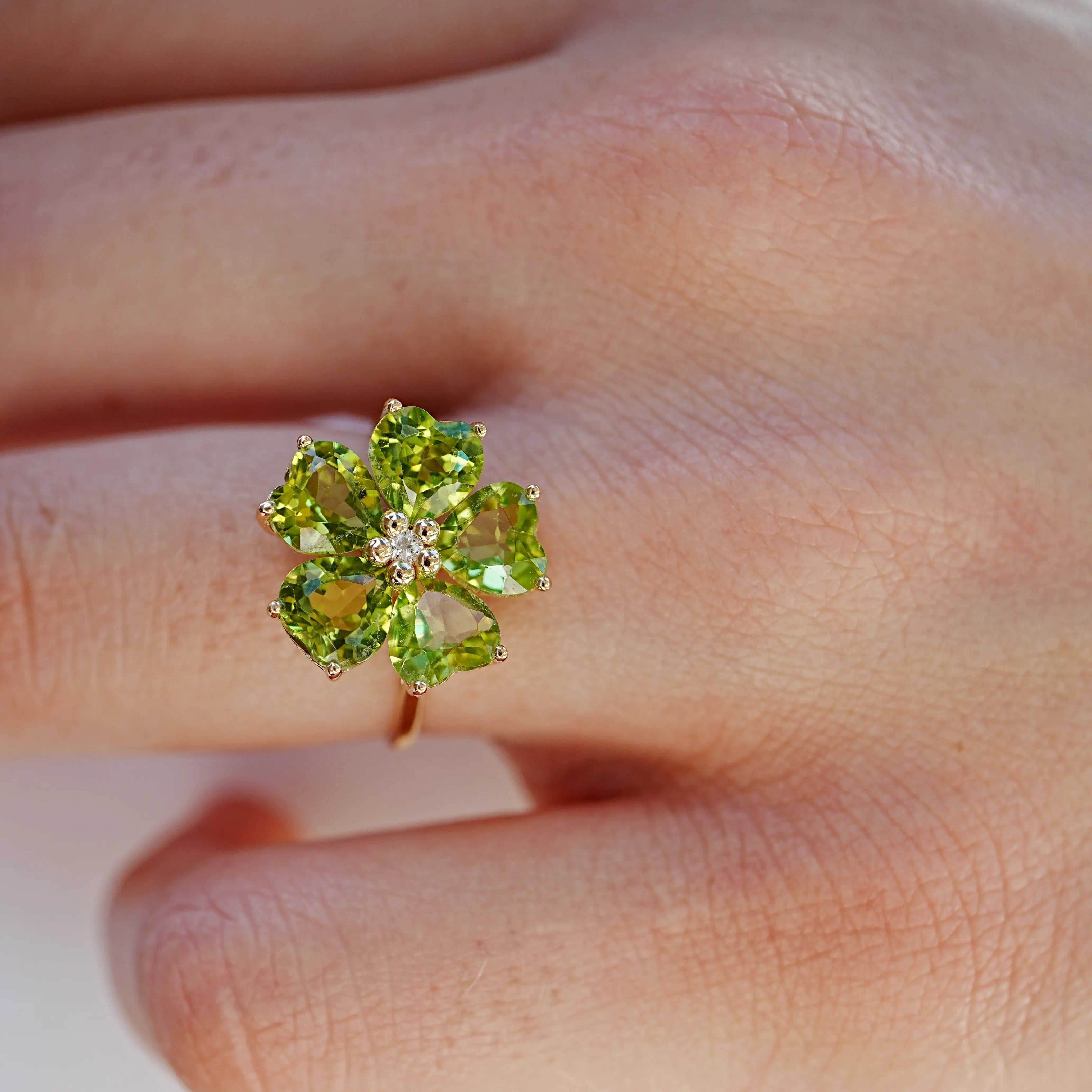 Natural Peridot Diamond Cherry Blossom Cocktail Ring 14k yellow gold