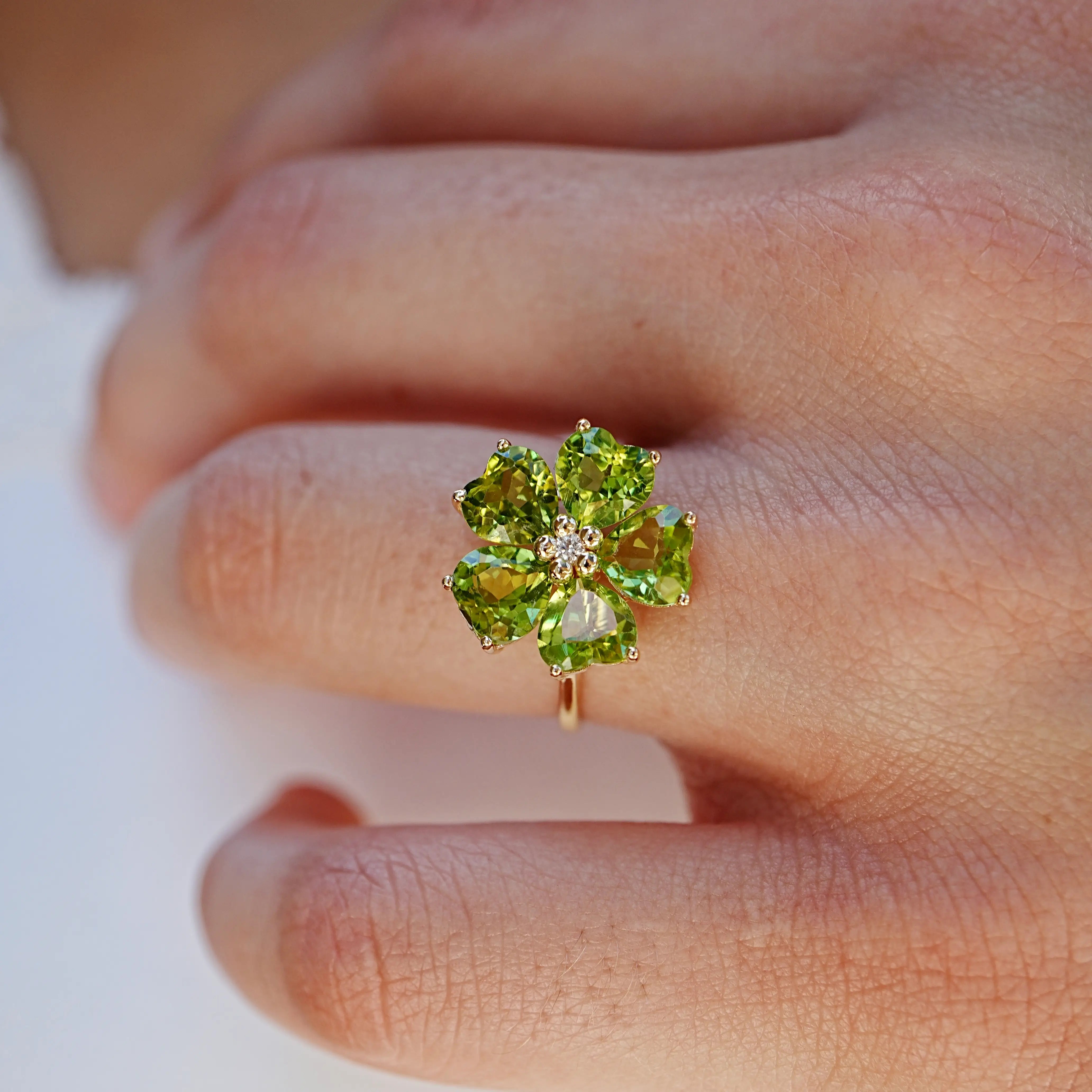 Natural Peridot Diamond Cherry Blossom Cocktail Ring 14k yellow gold