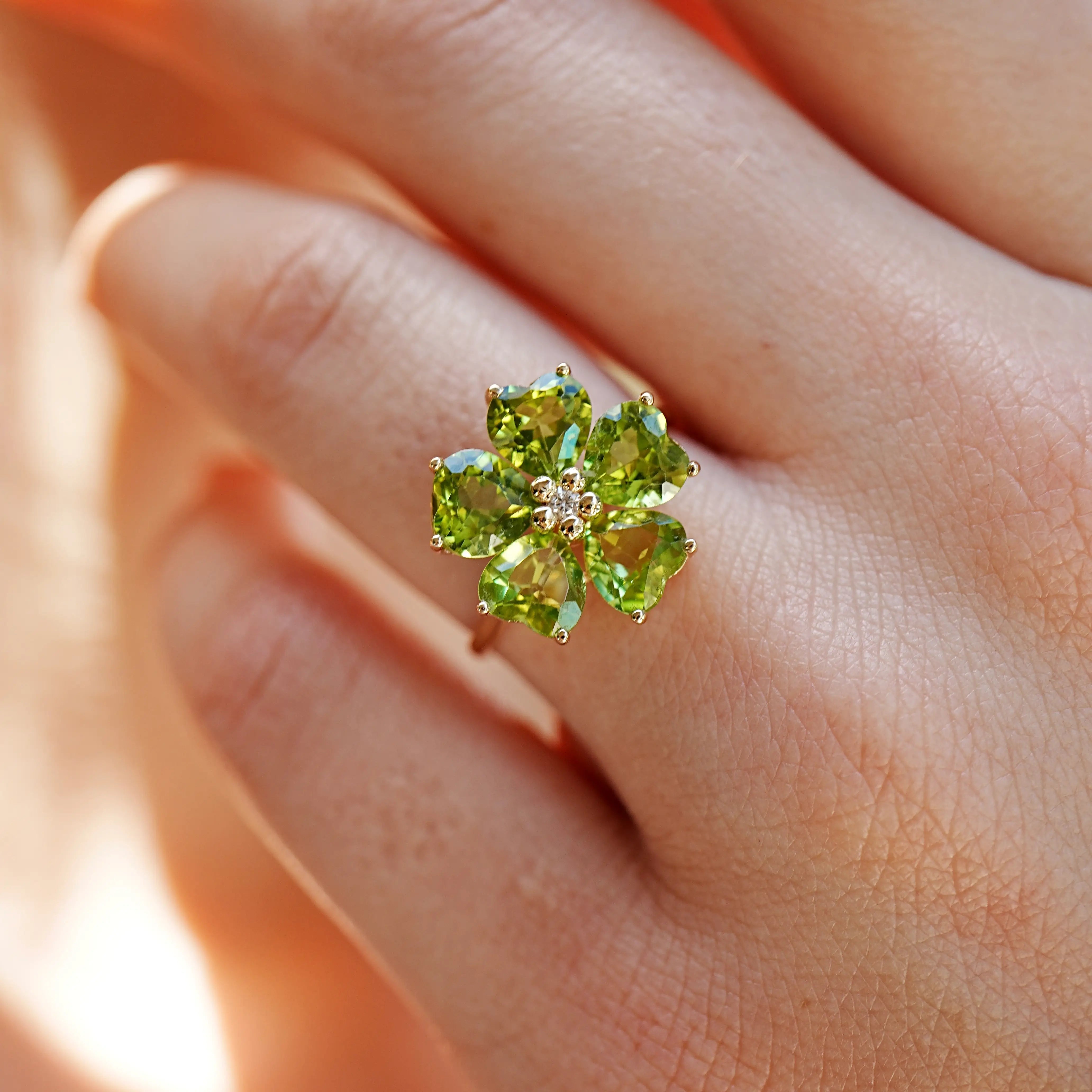 Natural Peridot Diamond Cherry Blossom Cocktail Ring 14k yellow gold