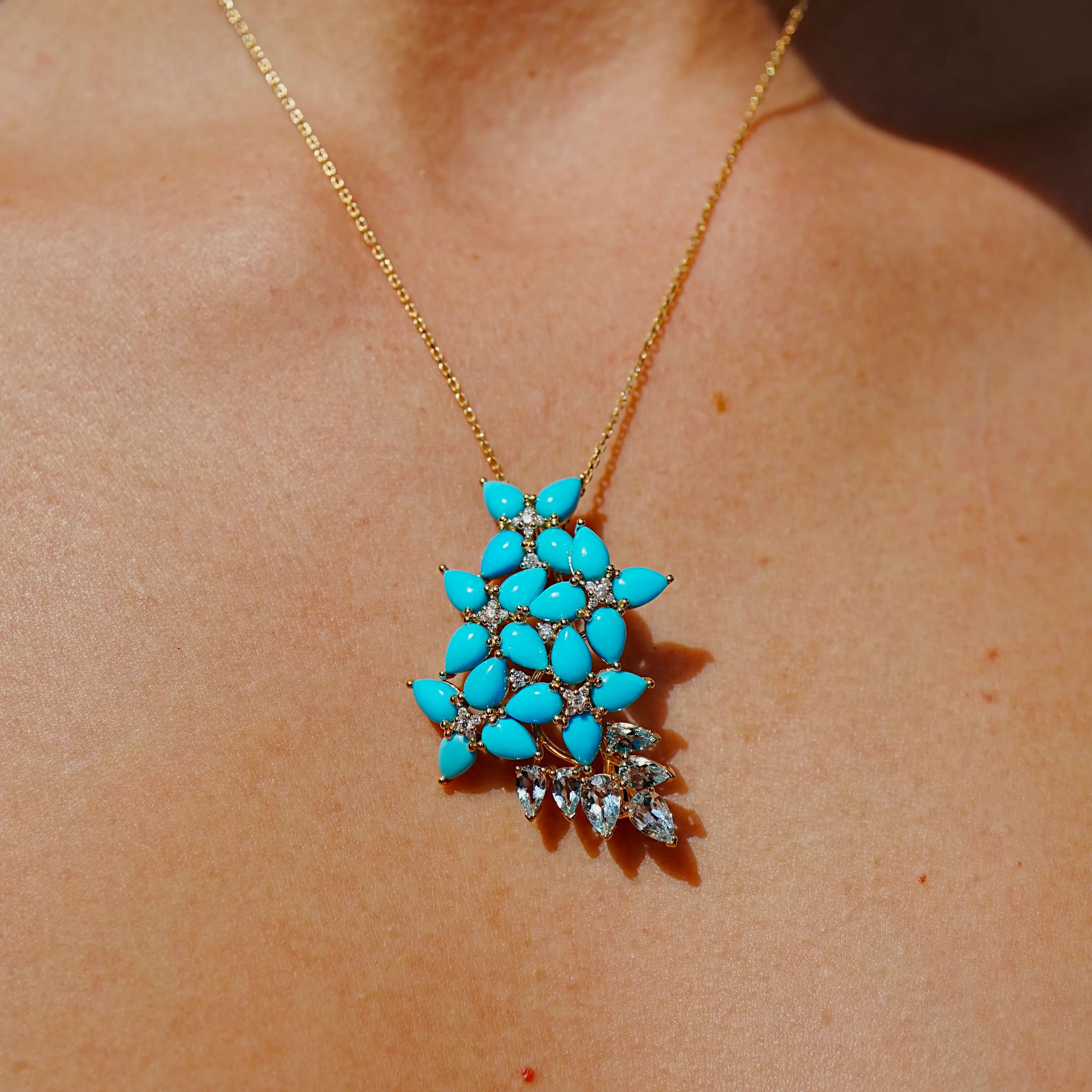 Hydrangea Blossom natural Turquoise Aquamarine Diamond Convertible Pendant 14k yellow gold