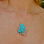 Hydrangea Blossom natural Turquoise Aquamarine Diamond Convertible Pendant 14k yellow gold