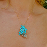 Hydrangea Blossom natural Turquoise Aquamarine Diamond Convertible Pendant 14k yellow gold