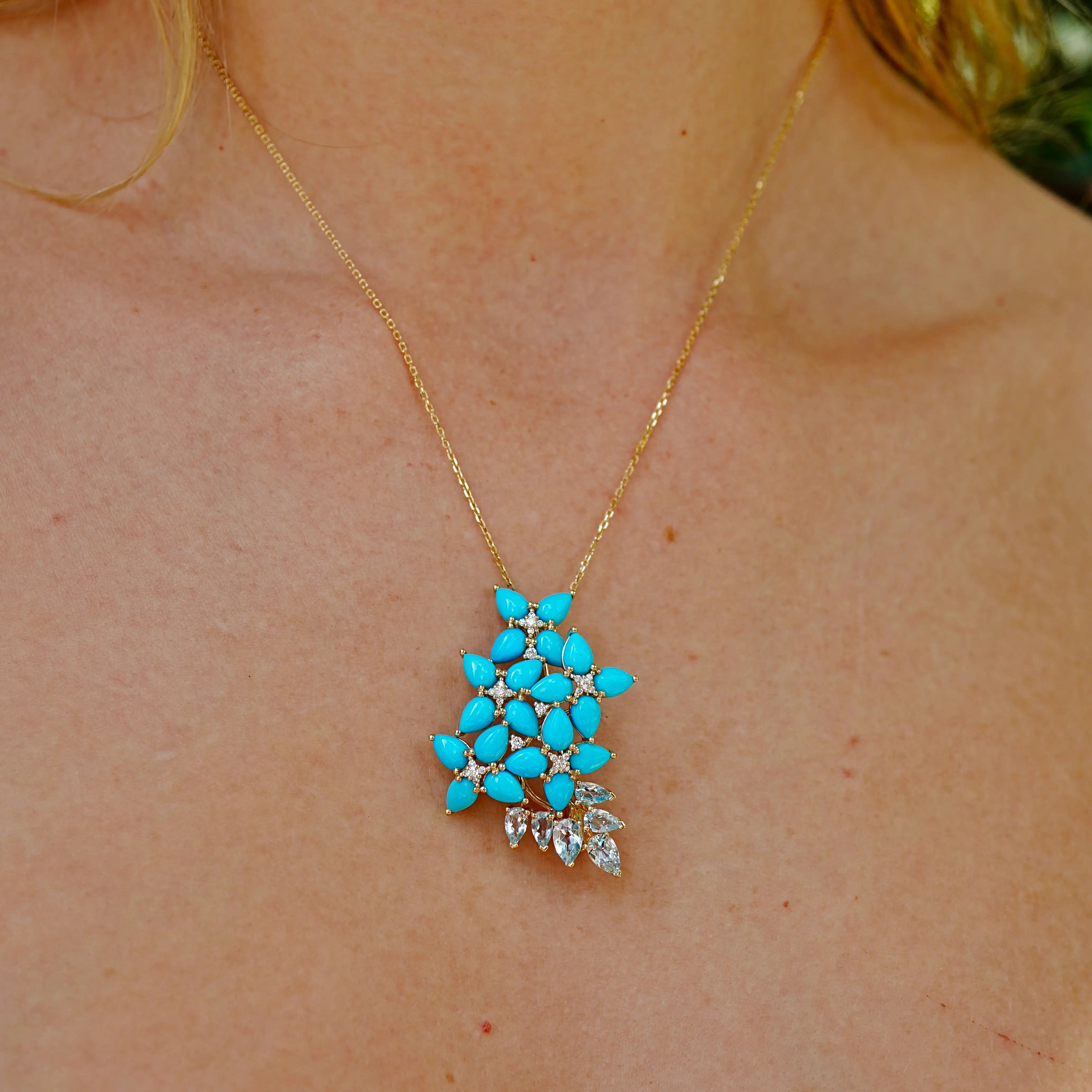 Hydrangea Blossom natural Turquoise Aquamarine Diamond Convertible Pendant 14k yellow gold