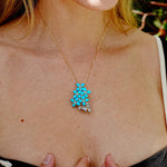 Hydrangea Blossom natural Turquoise Aquamarine Diamond Convertible Pendant 14k yellow gold