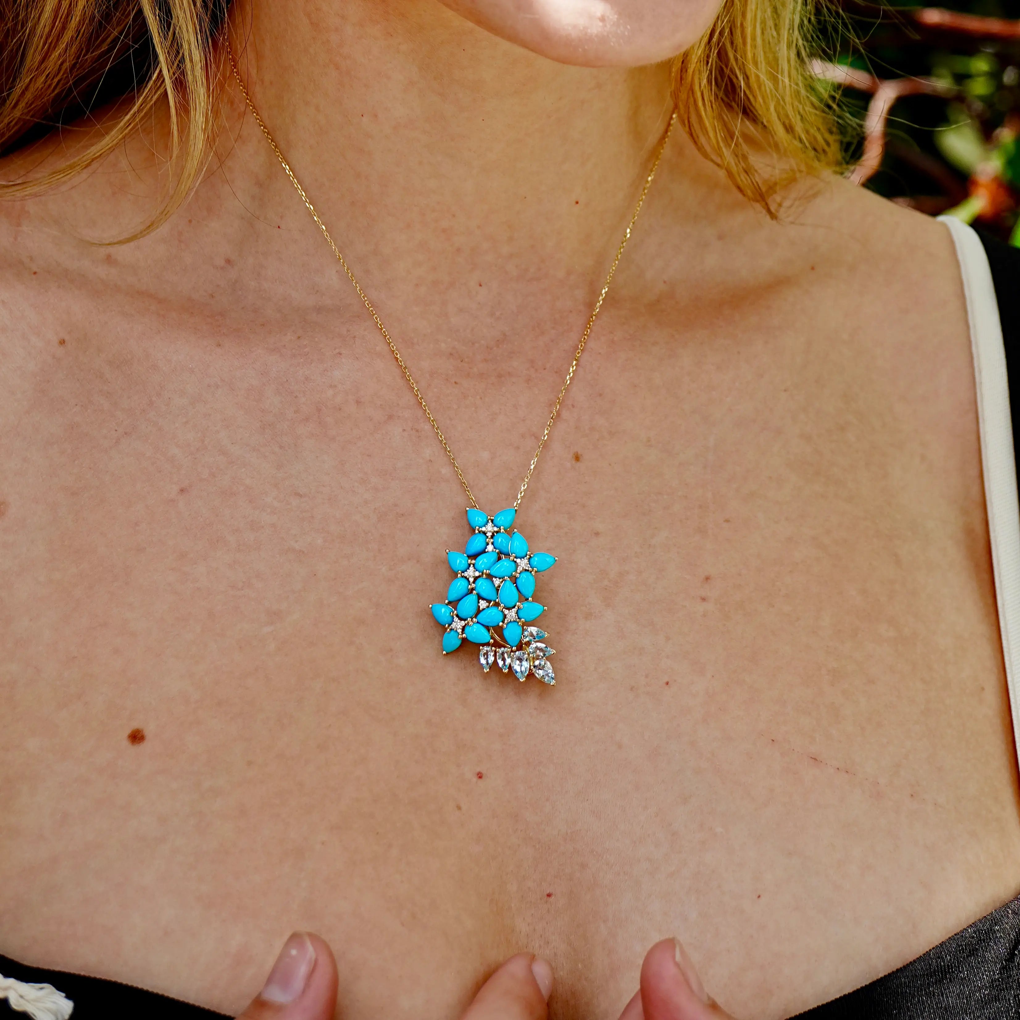 Hydrangea Blossom natural Turquoise Aquamarine Diamond Convertible Pendant 14k yellow gold