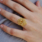 Natural Yellow Sapphire Citrine Diamond Blossom Cocktail Ring 14k yellow gold