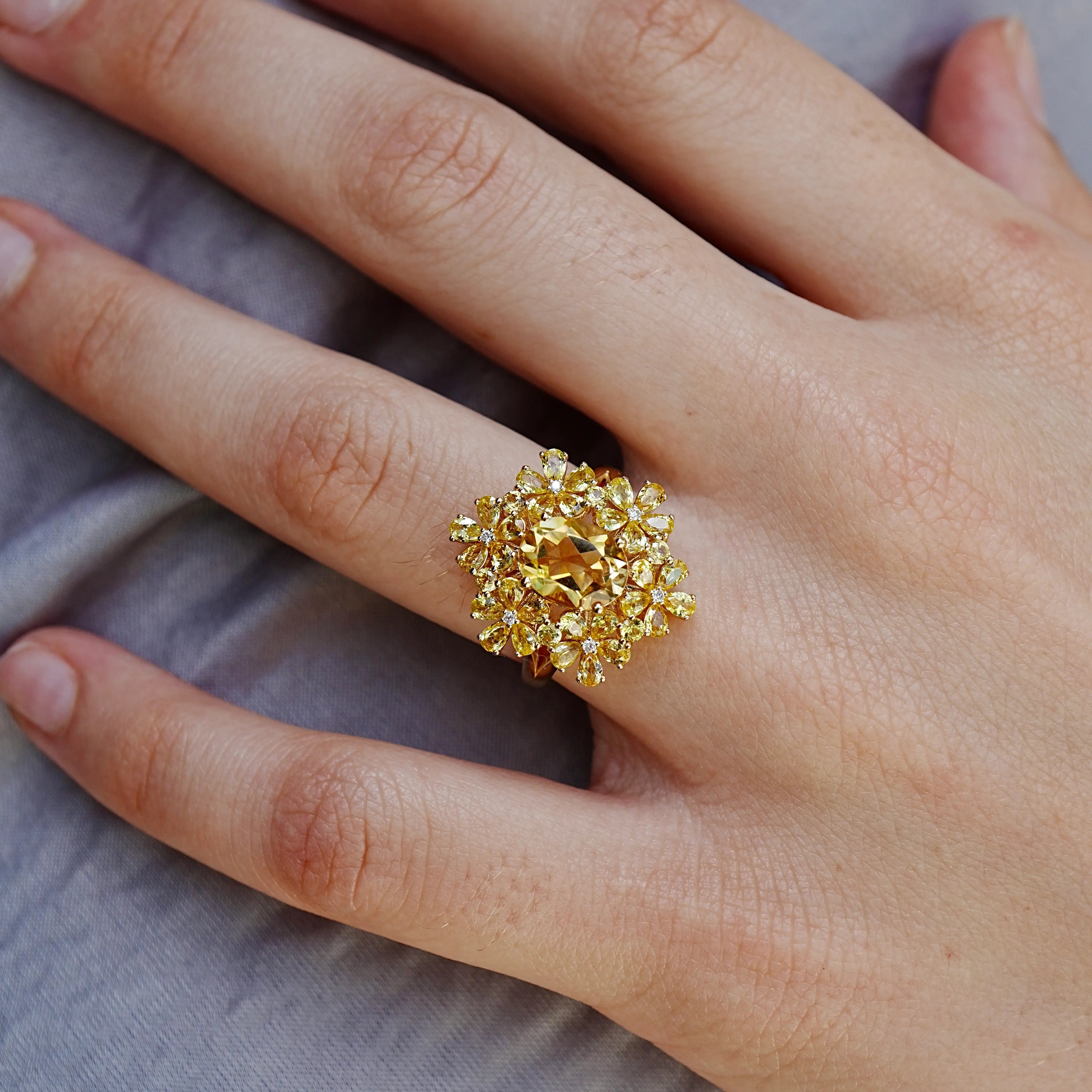Natural Yellow Sapphire Citrine Diamond Blossom Cocktail Ring 14k yellow gold