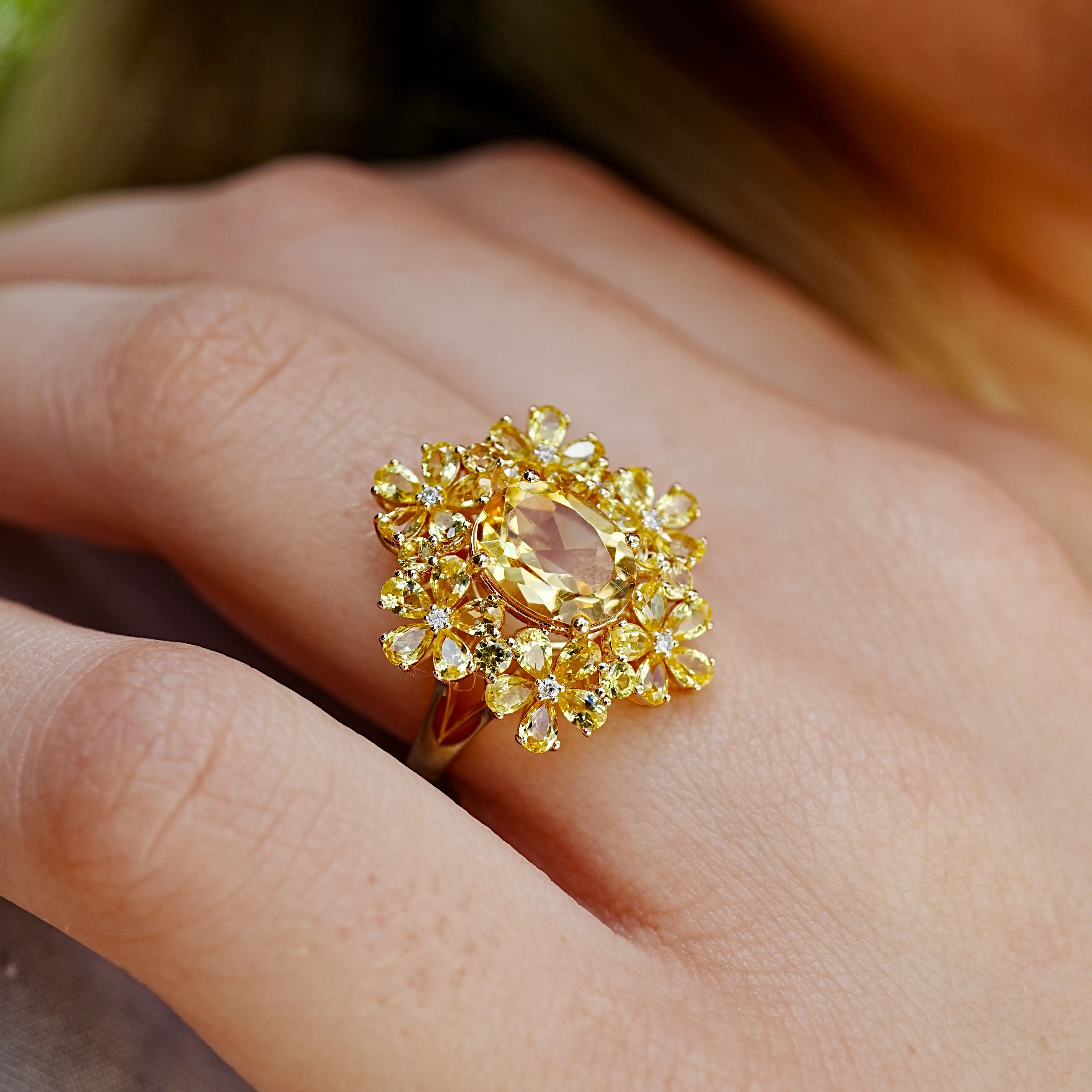 Natural Yellow Sapphire Citrine Diamond Blossom Cocktail Ring 14k yellow gold