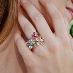 Natural Aquamarine, Morganite, Pink Tourmaline & Diamond Flower Blossom Cocktail Ring in 14k gold