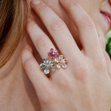 Natural Aquamarine, Morganite, Pink Tourmaline & Diamond Flower Blossom Cocktail Ring in 14k gold