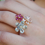 Natural Aquamarine, Morganite, Pink Tourmaline & Diamond Flower Blossom Cocktail Ring in 14k gold