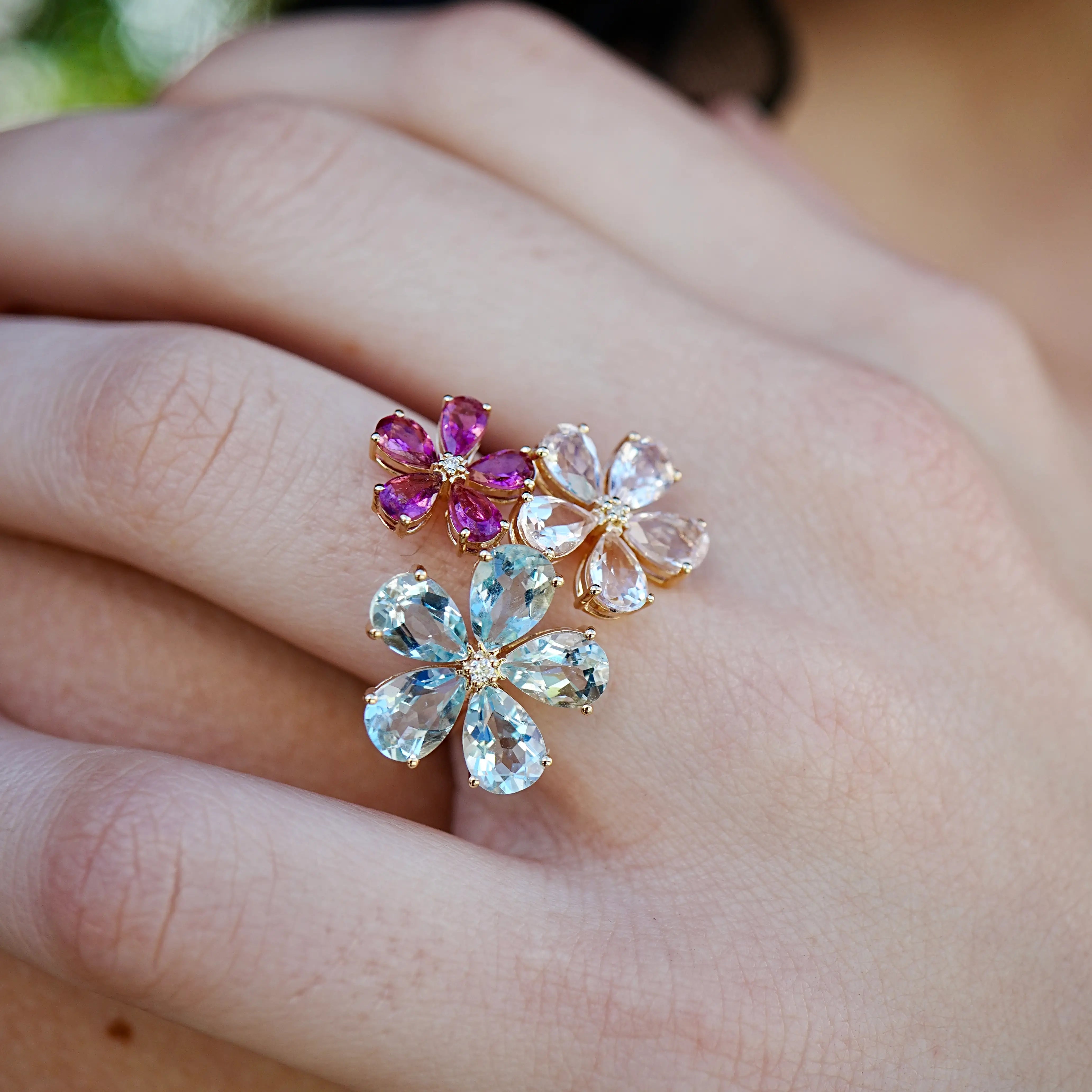 Natural Aquamarine, Morganite, Pink Tourmaline & Diamond Flower Blossom Cocktail Ring in 14k gold