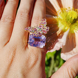 Nina Zhou Jewelry Natural Pink Sapphire Diamond Butterfly on Kunzite Ring in 14k yellow gold  (One Of A Kind)