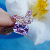 Nina Zhou Jewelry Natural Pink Sapphire Diamond Butterfly on Kunzite Ring in 14k yellow gold  (One Of A Kind)
